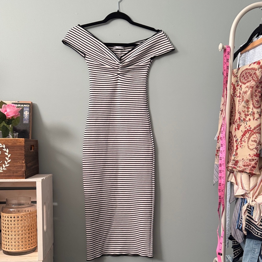 Zara Black and White Striped Midi Dress